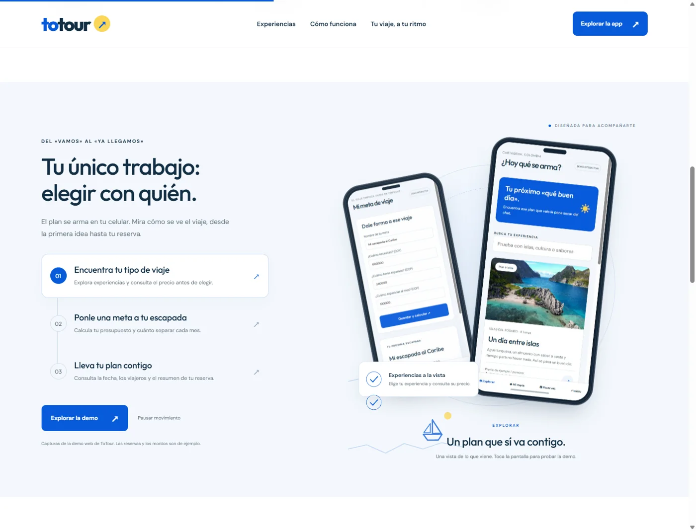 Presentación de las pantallas de experiencias y metas de viaje