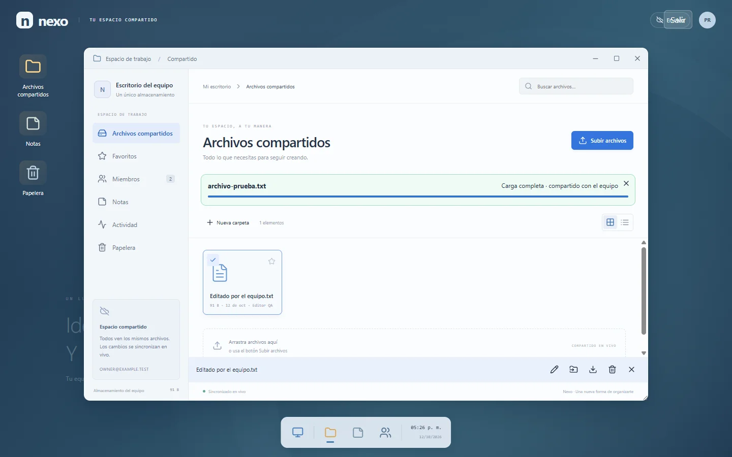 Prueba del almacenamiento compartido de Nexo con un archivo ficticio