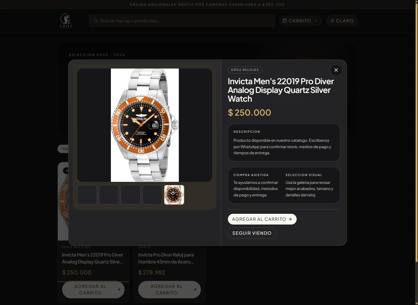 Detalle visual de un reloj con galería y precio