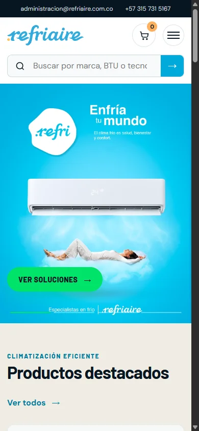Versión móvil del inicio de Refriaire Integral