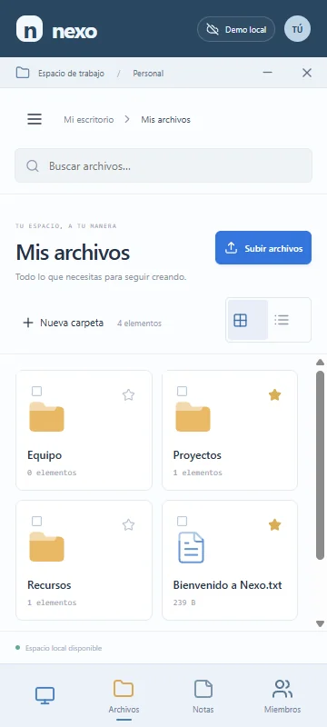 Interfaz móvil de demostración del explorador de Nexo
