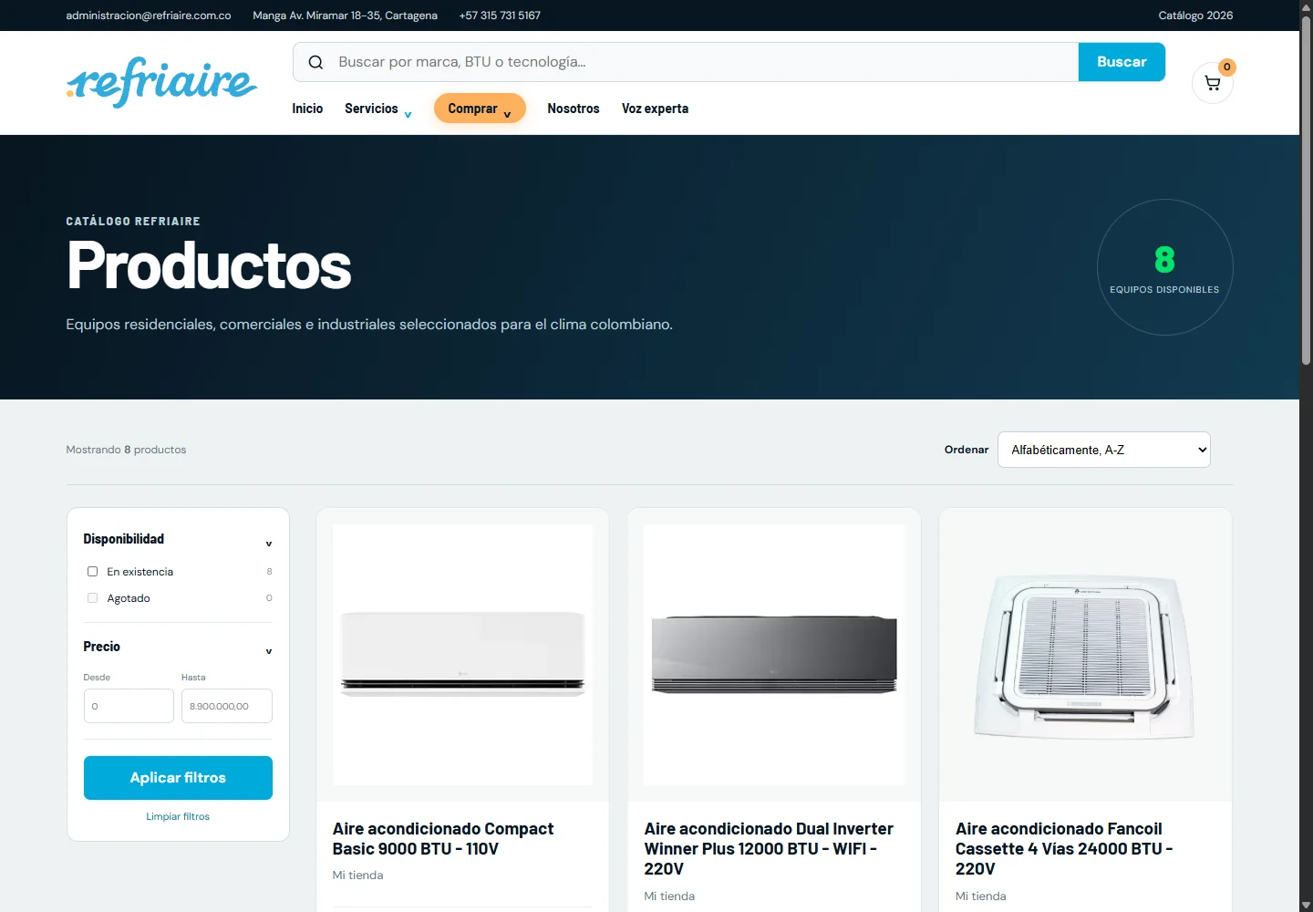 Catálogo de productos de Refriaire con filtros y ordenación