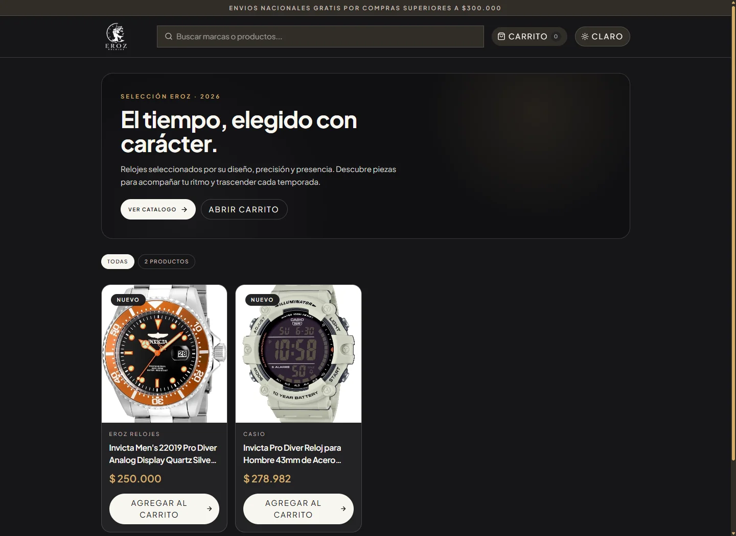 Portada y catálogo de relojes de EROZ