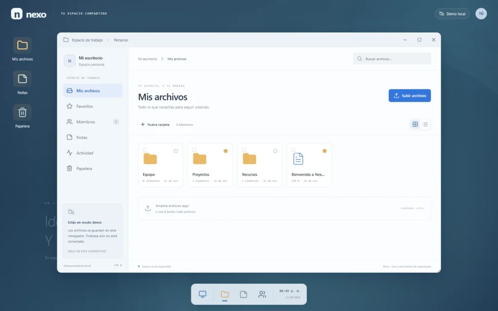 Explorador de archivos de Nexo en la demostración de escritorio