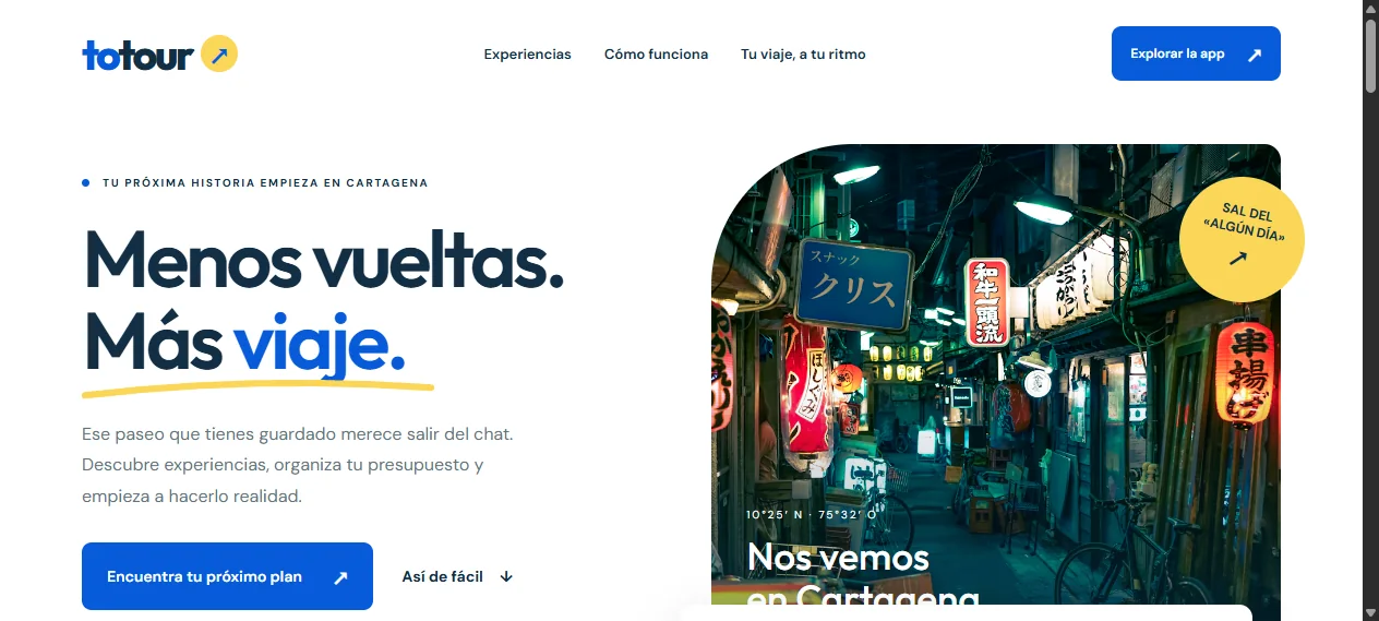 Primera pantalla de la landing ToTour
