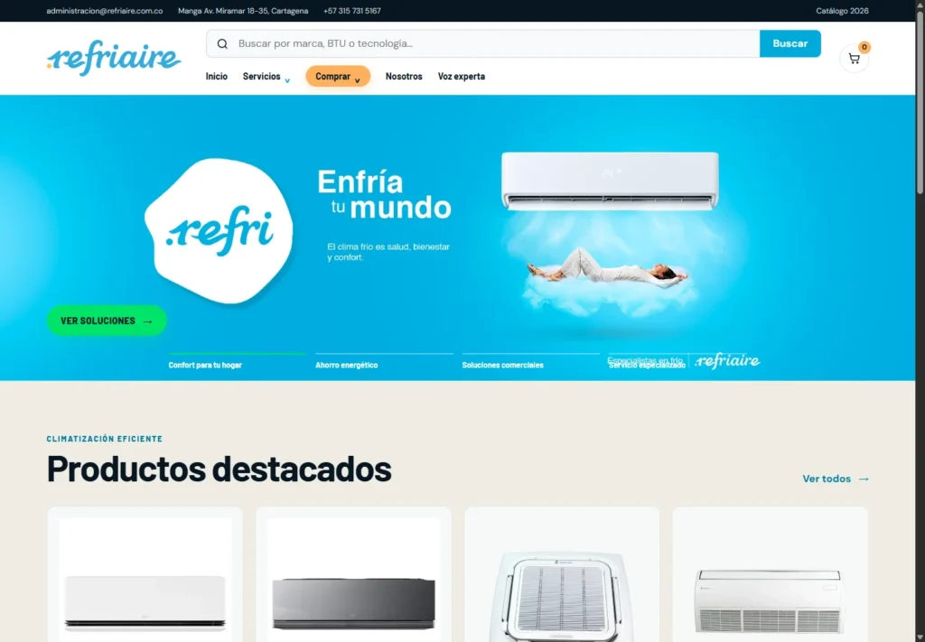 Portada de Refriaire con su identidad azul y productos destacados